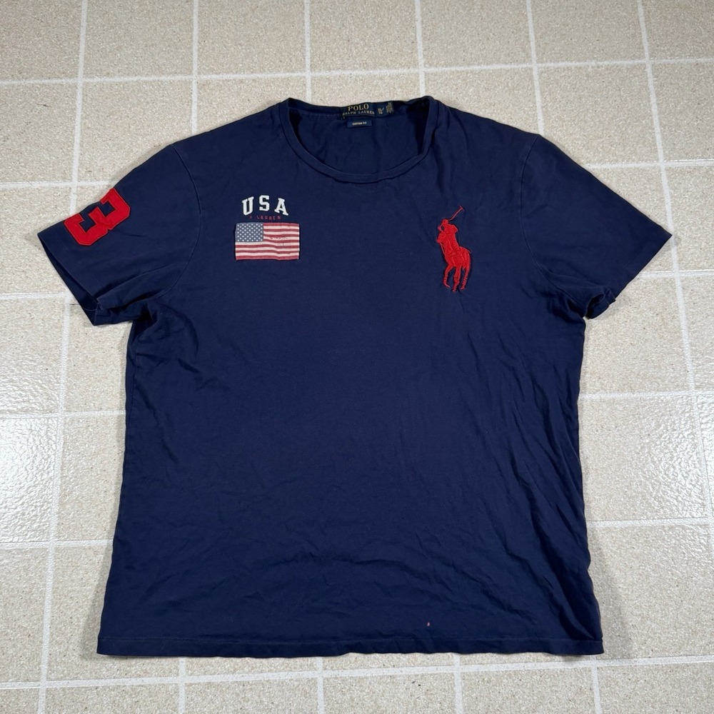 Polo Ralph Lauren Tshirt Large Navy Big Pony USA Flag Custom Fit Embroidered